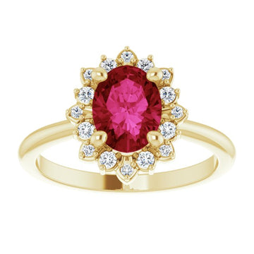 8 x 6mm Oval LG Ruby Ring with LG Diamond Halo