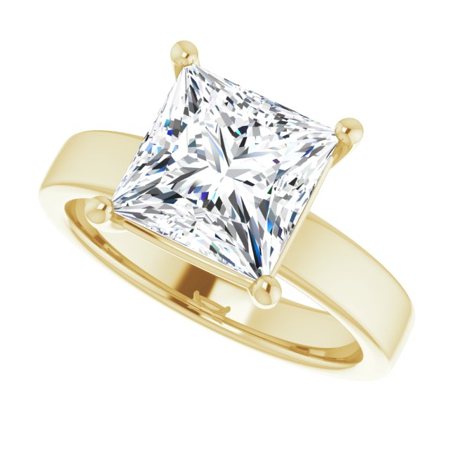 Three Carat Princess Cut Moissanite Solitaire Ring with sleek and modern solid band