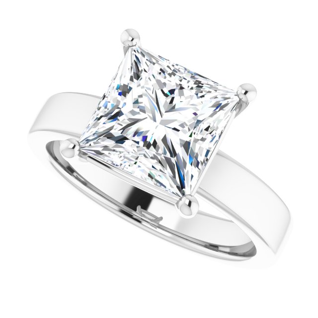 Three Carat Princess Cut Moissanite Solitaire Ring with sleek and modern solid band