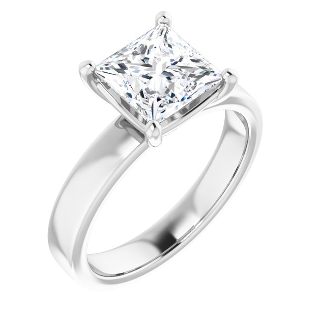 Two Carat Princess Cut Moissanite Solitaire Ring with sleek and modern solid band