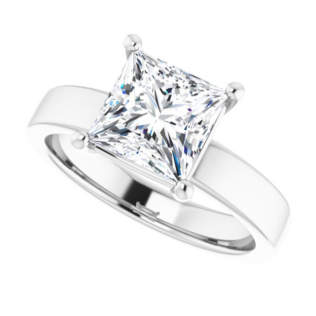 Two Carat Princess Cut Moissanite Solitaire Ring with sleek and modern solid band