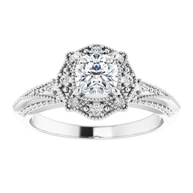 Cushion Cut Moissanite Vintage Ring with Milgrain Detail