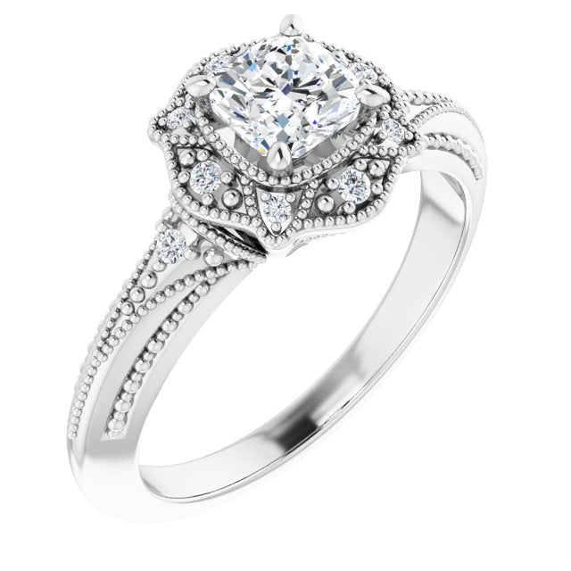 Cushion Cut Moissanite Vintage Ring with Milgrain Detail