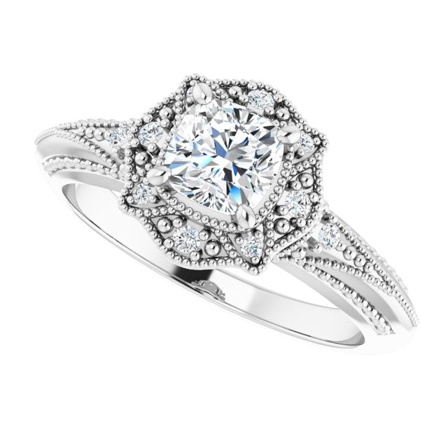 Cushion Cut Moissanite Vintage Ring with Milgrain Detail