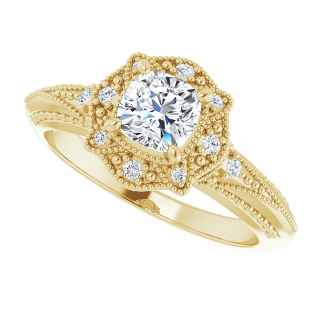 Cushion Cut Moissanite Vintage Ring with Milgrain Detail