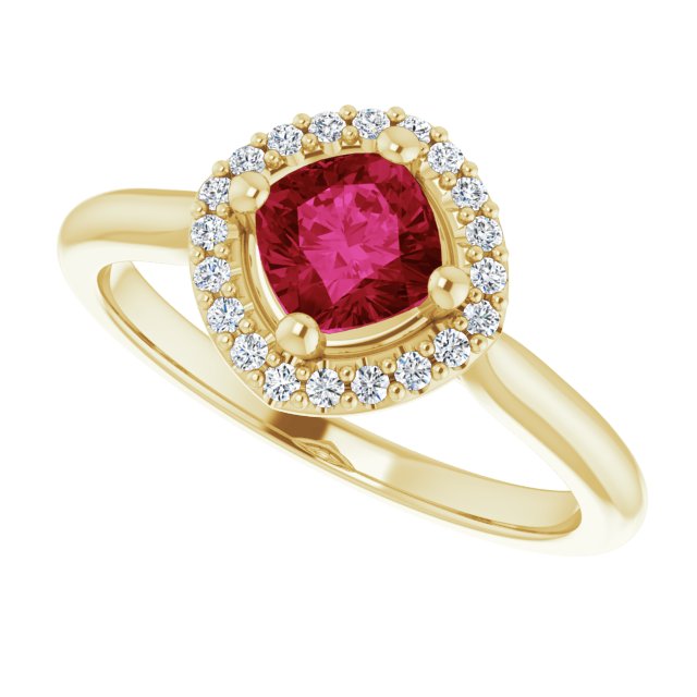 5 x 5mm LG Ruby Cushion Ring with LG Diamond Halo