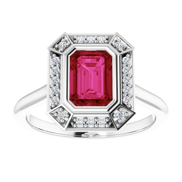 7 x 5mm LG Ruby, Emerald Cut, Vintage Style Ring with LG Diamond Halo