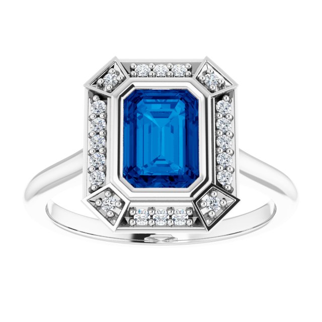 7 x 5mm LG Sapphire, Emerald Cut, Vintage Style Ring with LG Diamond Halo