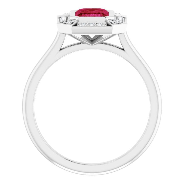 7 x 5mm LG Ruby, Emerald Cut, Vintage Style Ring with LG Diamond Halo