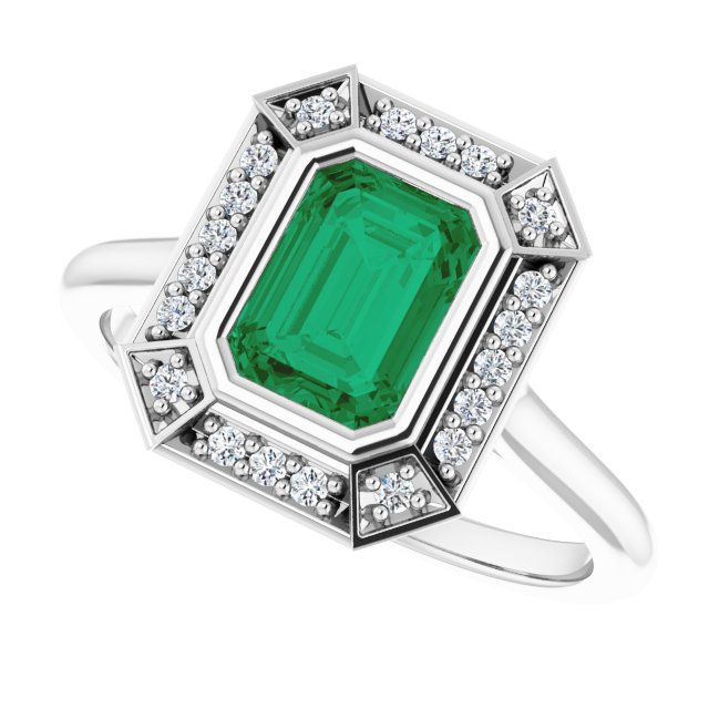 7 x 5mm LG Emerald Vintage Style Ring with LG Diamond Halo