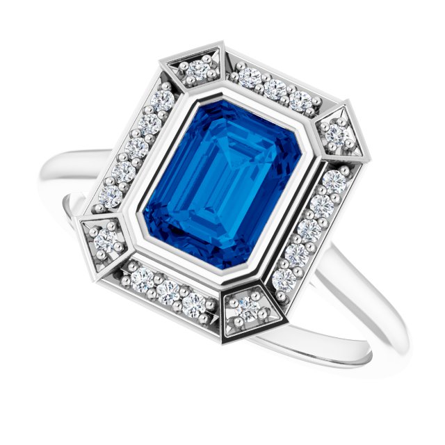7 x 5mm LG Sapphire, Emerald Cut, Vintage Style Ring with LG Diamond Halo
