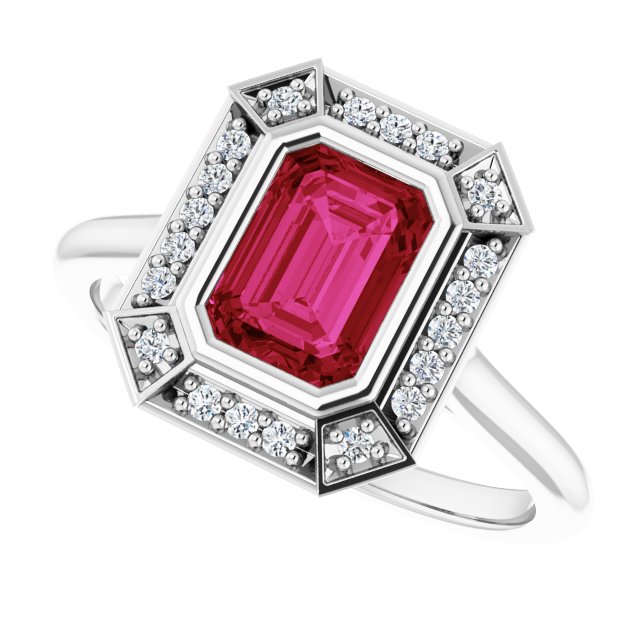 7 x 5mm LG Ruby, Emerald Cut, Vintage Style Ring with LG Diamond Halo