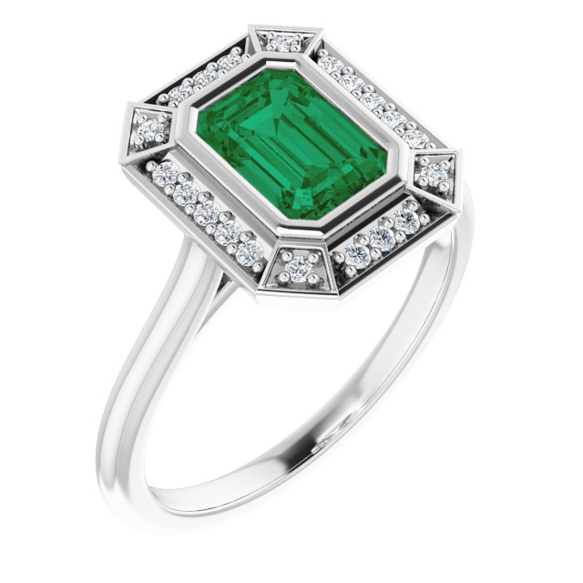7 x 5mm LG Emerald Vintage Style Ring with LG Diamond Halo