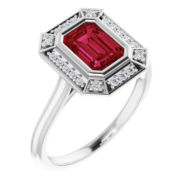 7 x 5mm LG Ruby, Emerald Cut, Vintage Style Ring with LG Diamond Halo