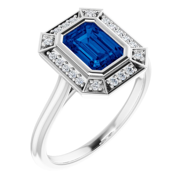 7 x 5mm LG Sapphire, Emerald Cut, Vintage Style Ring with LG Diamond Halo