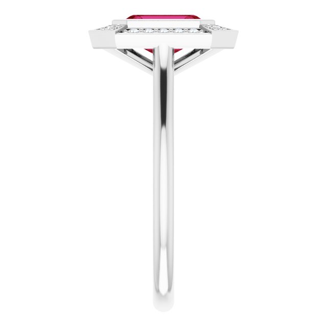 7 x 5mm LG Ruby, Emerald Cut, Vintage Style Ring with LG Diamond Halo