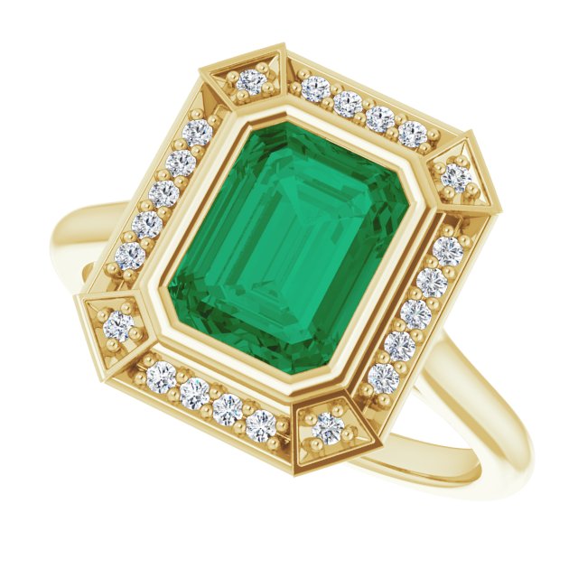 8 x 6mm LG Emerald, Vintage Style Ring with LG Diamond Halo