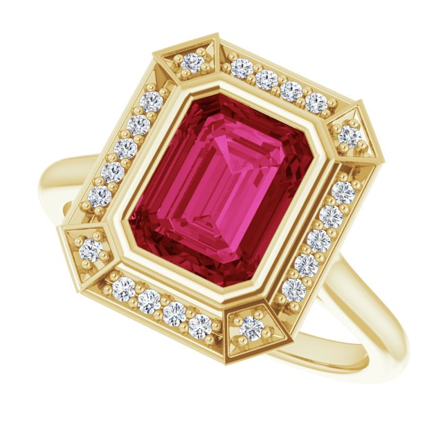 8 x 6mm LG Ruby, Emerald Cut, Vintage Style Ring with LG Diamond Halo