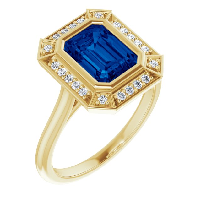 8 x 6mm LG Sapphire, Emerald Cut, Vintage Style Ring with LG Diamond Halo