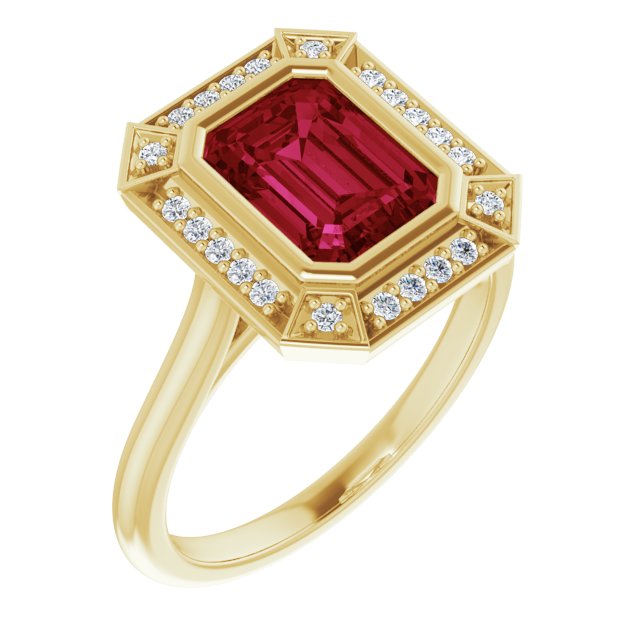 8 x 6mm LG Ruby, Emerald Cut, Vintage Style Ring with LG Diamond Halo