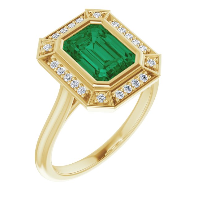 8 x 6mm LG Emerald, Vintage Style Ring with LG Diamond Halo