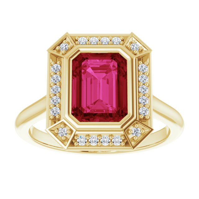 8 x 6mm LG Ruby, Emerald Cut, Vintage Style Ring with LG Diamond Halo