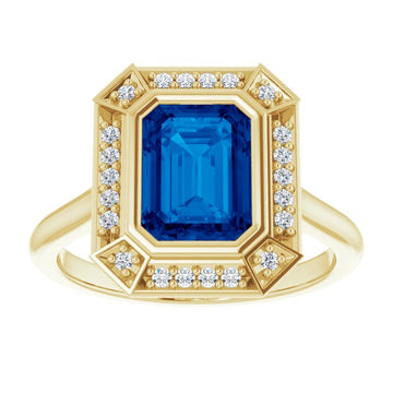 8 x 6mm LG Sapphire, Emerald Cut, Vintage Style Ring with LG Diamond Halo