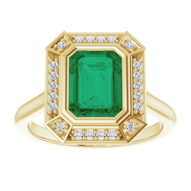 8 x 6mm LG Emerald, Vintage Style Ring with LG Diamond Halo